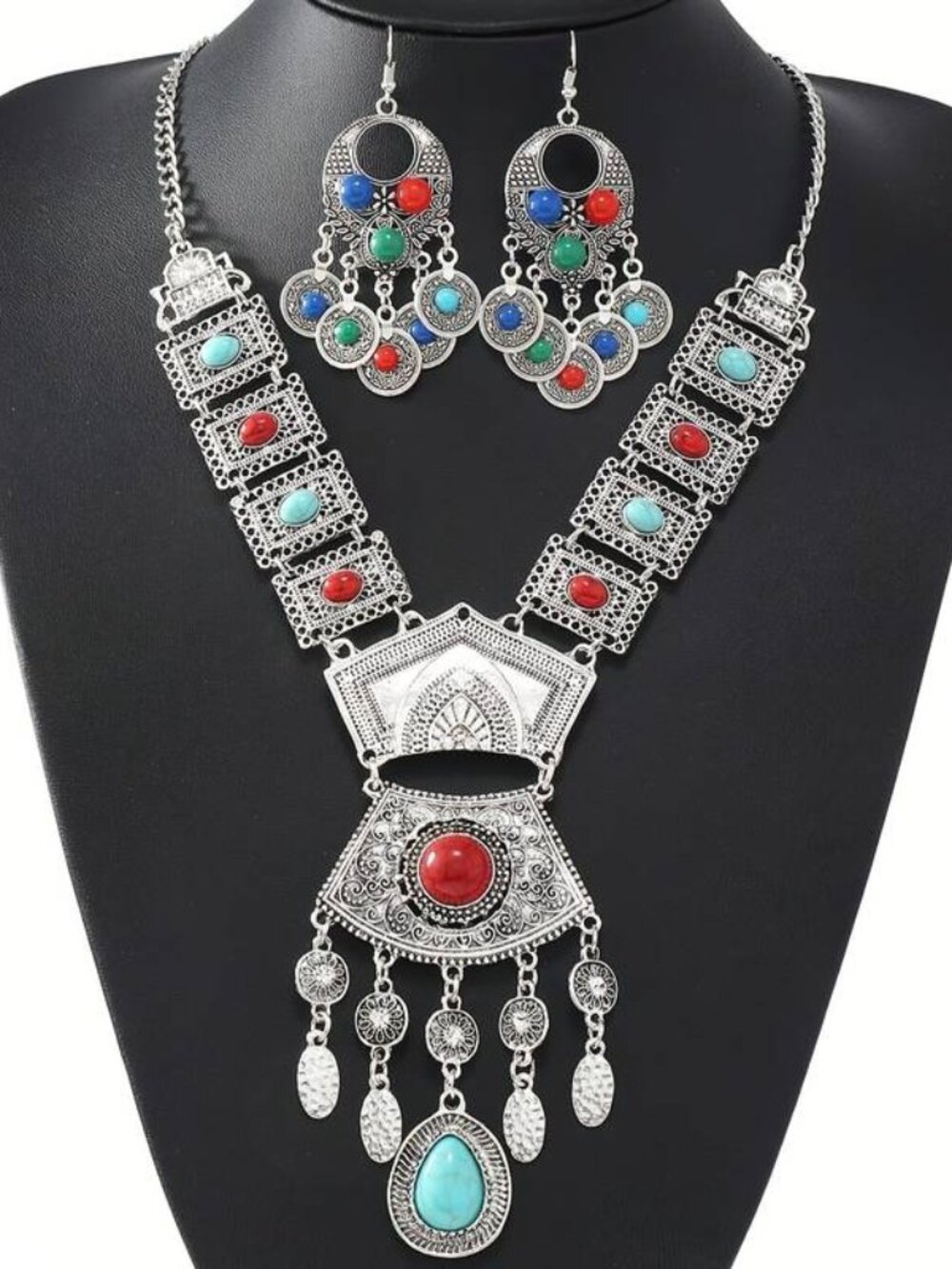 069 Antique Silvery Ethnic Metal Hollow Gemstone Tassel Necklace with Earrings